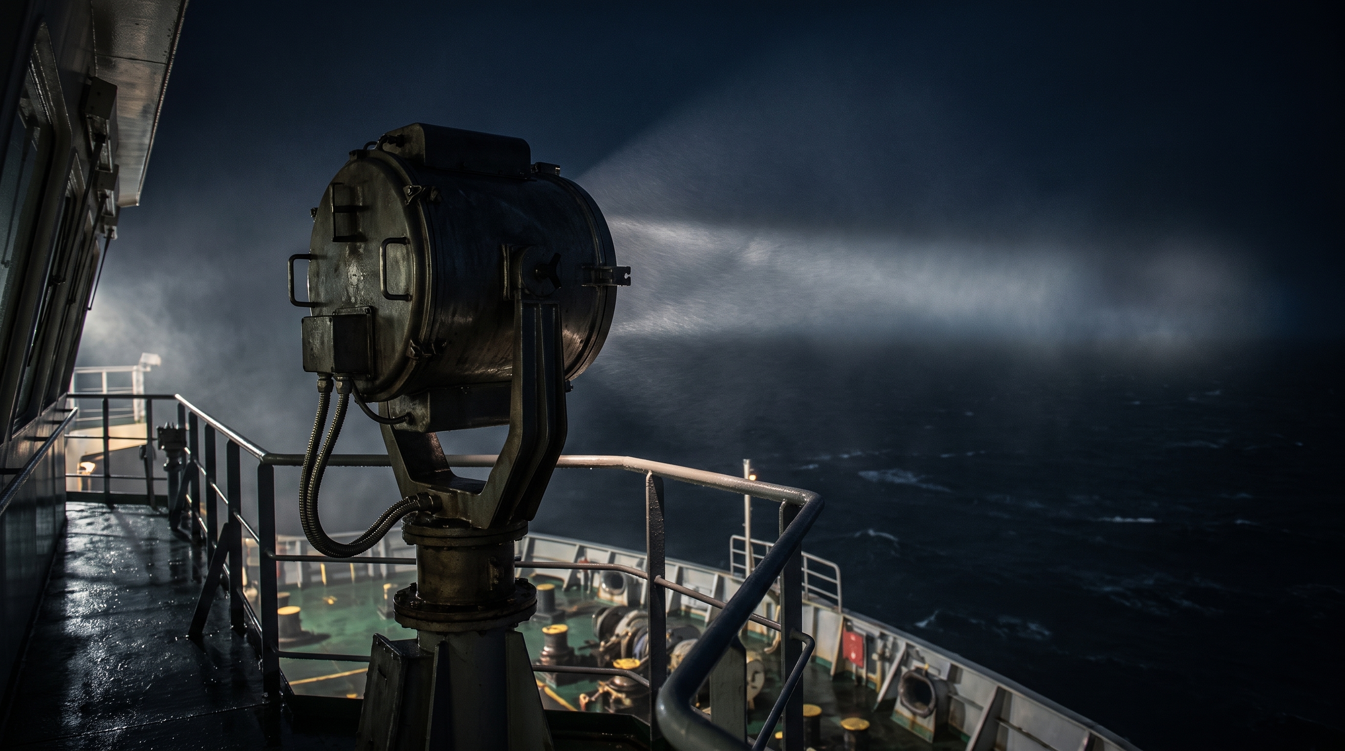 Searchlight beam extending from a working vessel across dark sea